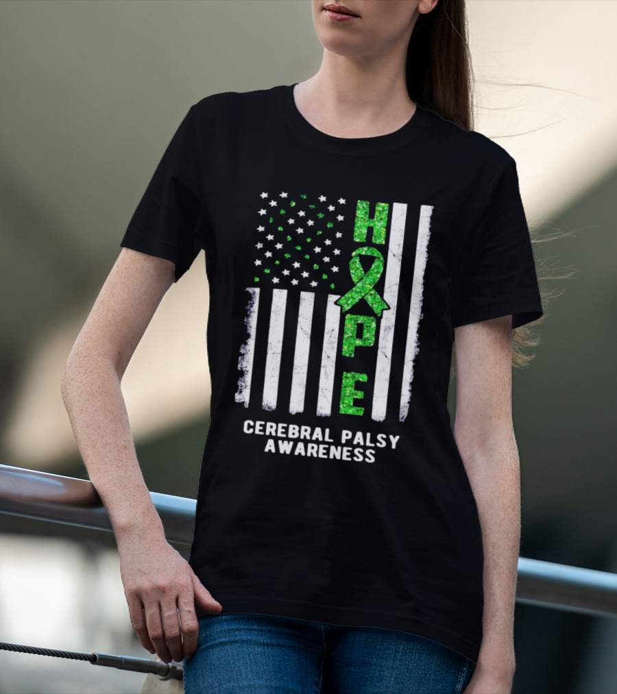 Hope American Flag Green Ribbon Cerebral Palsy Awareness T-Shirt
