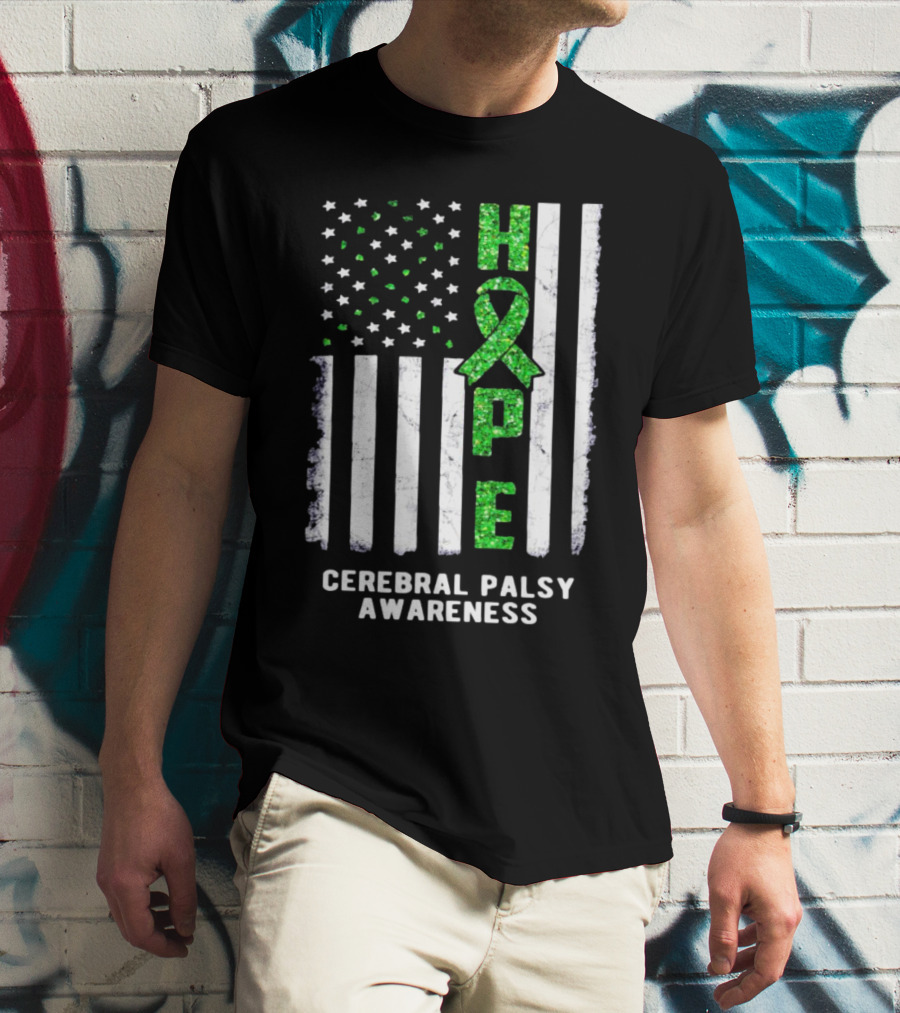 Hope American Flag Green Ribbon Cerebral Palsy Awareness T-Shirt
