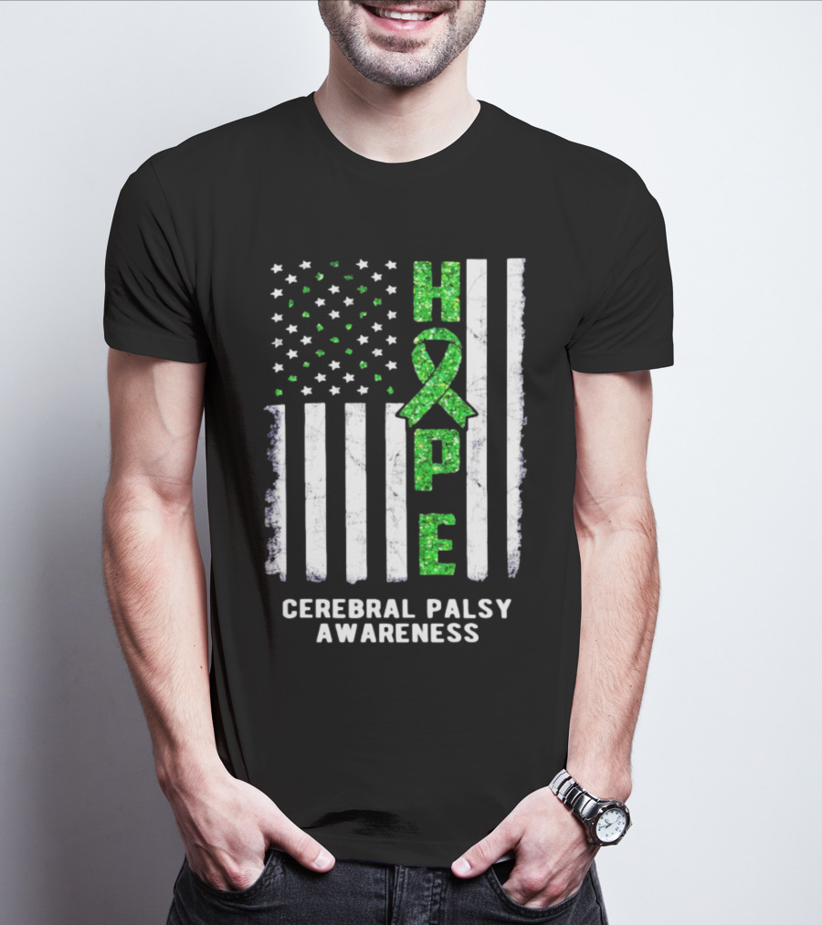Hope American Flag Green Ribbon Cerebral Palsy Awareness T-Shirt