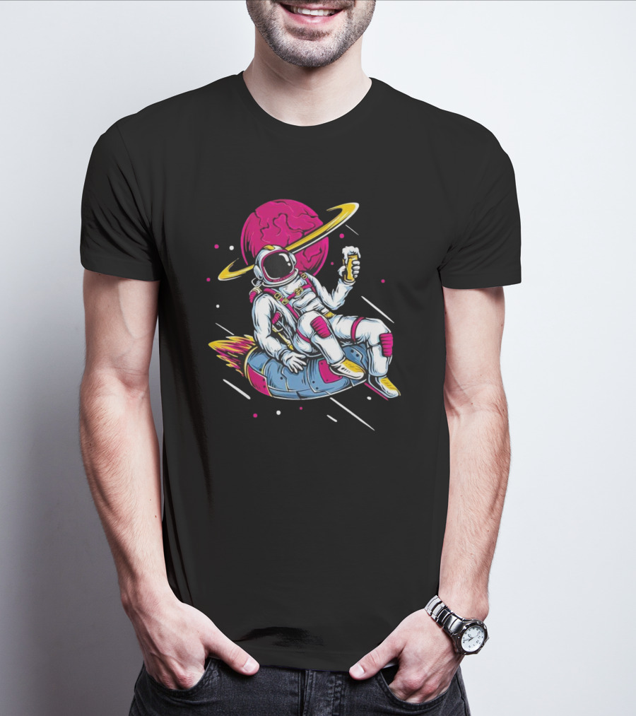 Astronaut Drinking Beer In Space Suit With Planet Background T-Shirt