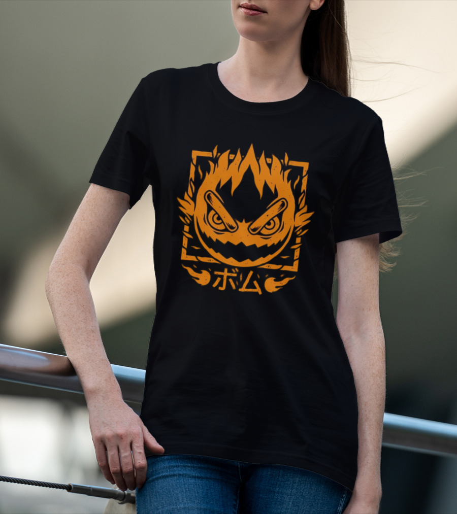 Firebomb Game Flaming Face And Japanese Text T-Shirt