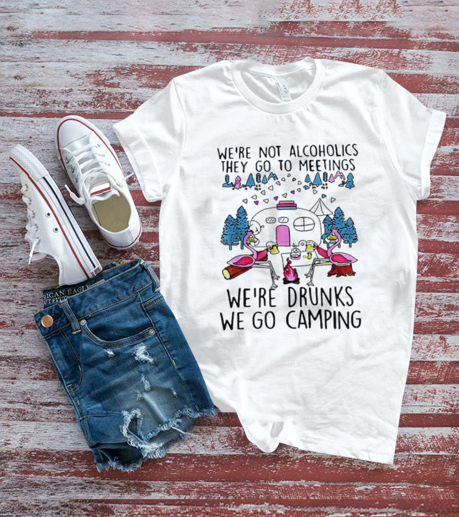 We're Not Alcoholics They Go To Meetings We're Drunks We Go Camping Flamingo Campfire Scene T-Shirt
