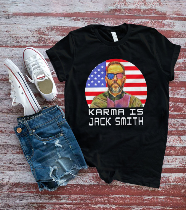 Karma Is Jack Smith With American Flag Background And Patriotic Sunglasses T-Shirt