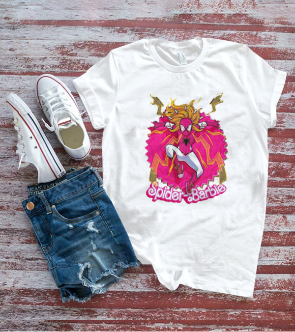 Spider-Barbie Across The Barbie-Verse With Pink Spider Suit And Dynamic Web Background T-Shirt