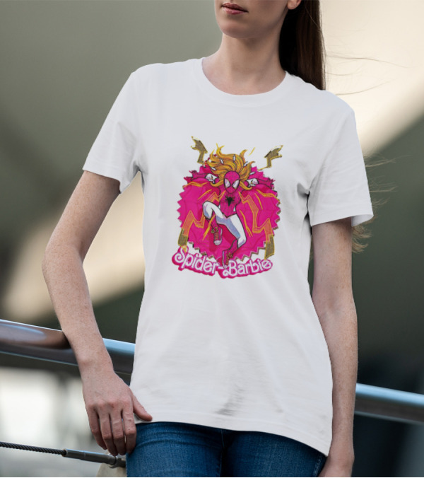 Spider-Barbie Across The Barbie-Verse With Pink Spider Suit And Dynamic Web Background T-Shirt