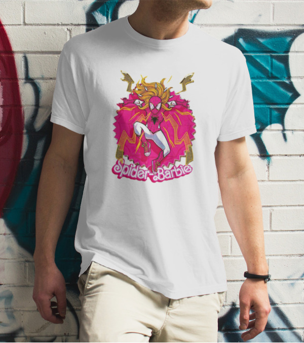 Spider-Barbie Across The Barbie-Verse With Pink Spider Suit And Dynamic Web Background T-Shirt