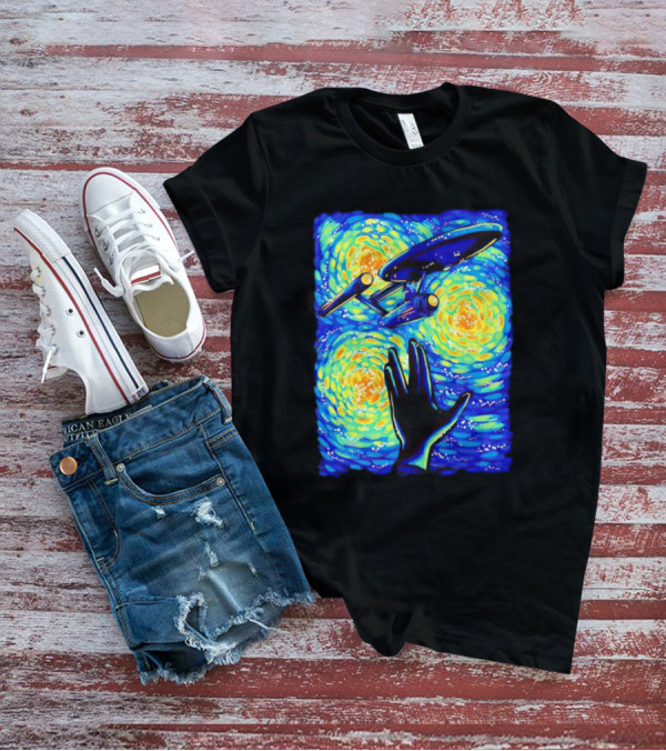 Star Trek Enterprise In Starry Night With Vulcan Salute Starry Trek T-Shirt