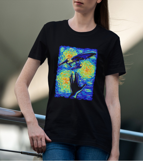 Star Trek Enterprise In Starry Night With Vulcan Salute Starry Trek T-Shirt