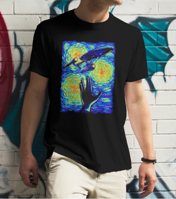 Star Trek Enterprise In Starry Night With Vulcan Salute Starry Trek T-Shirt