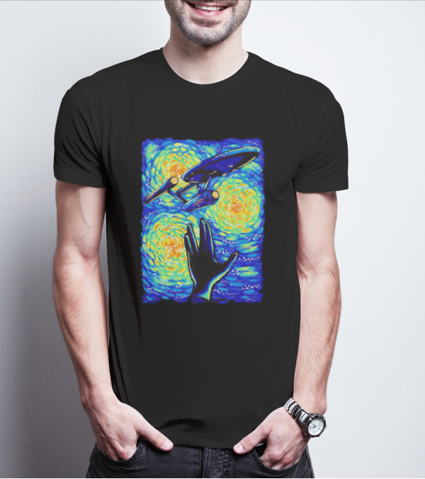Star Trek Enterprise In Starry Night With Vulcan Salute Starry Trek T-Shirt