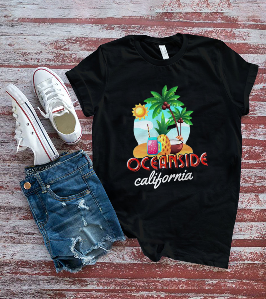 Oceanside California Tropical Beach Scene With Palm Trees, Sun, Pineapple, Coconut Drink, And Refreshing Beverage T-Shirt