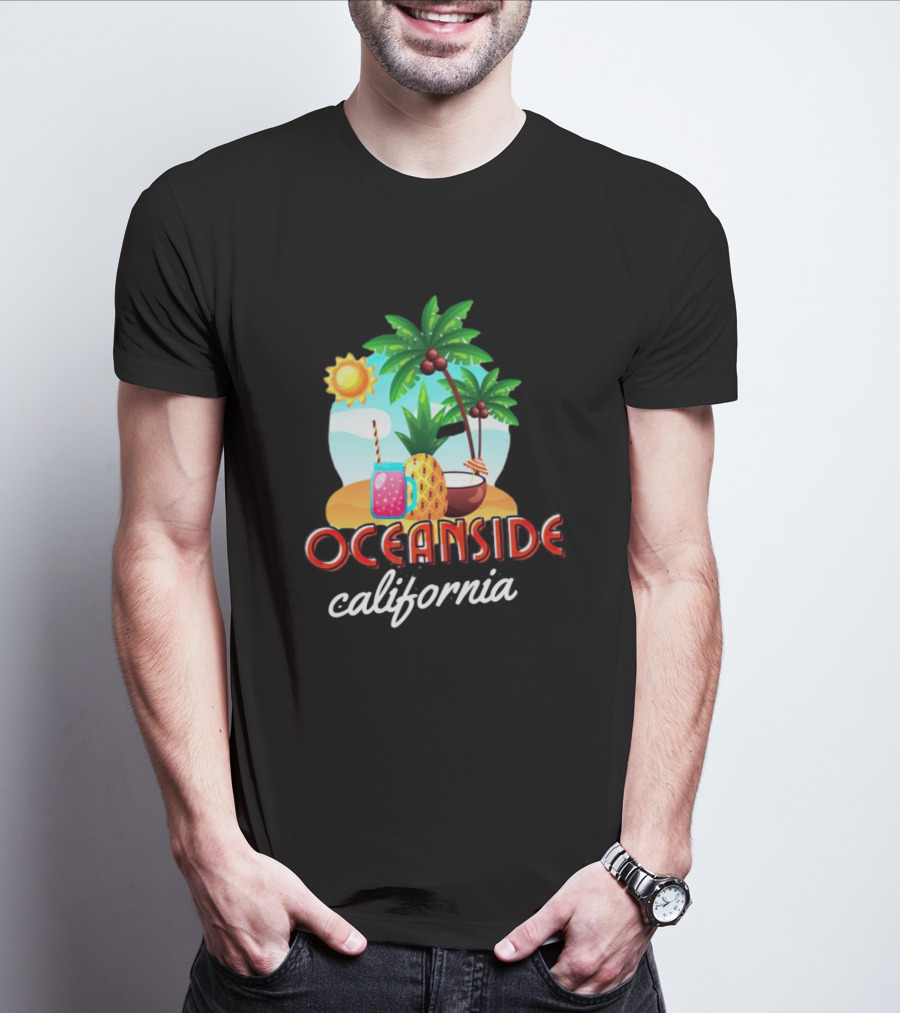 Oceanside California Tropical Beach Scene With Palm Trees, Sun, Pineapple, Coconut Drink, And Refreshing Beverage T-Shirt