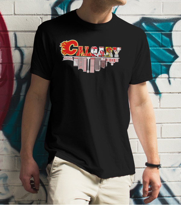 Calgary Flames Inspired Cityscape With Upside Down Skyline And Team Elements T-Shirt