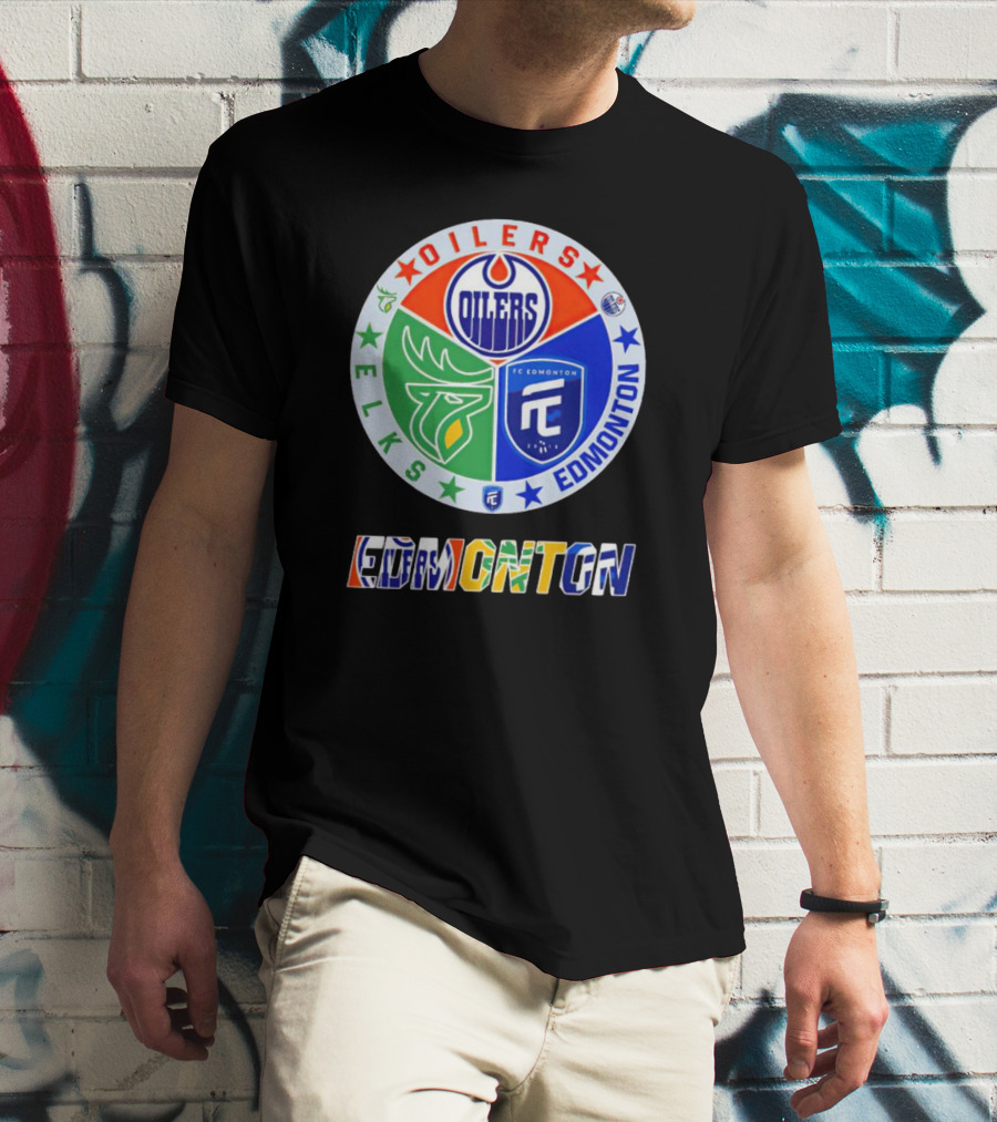 Oilers Elks FC Edmonton Sports Team Logo Collage T-Shirt