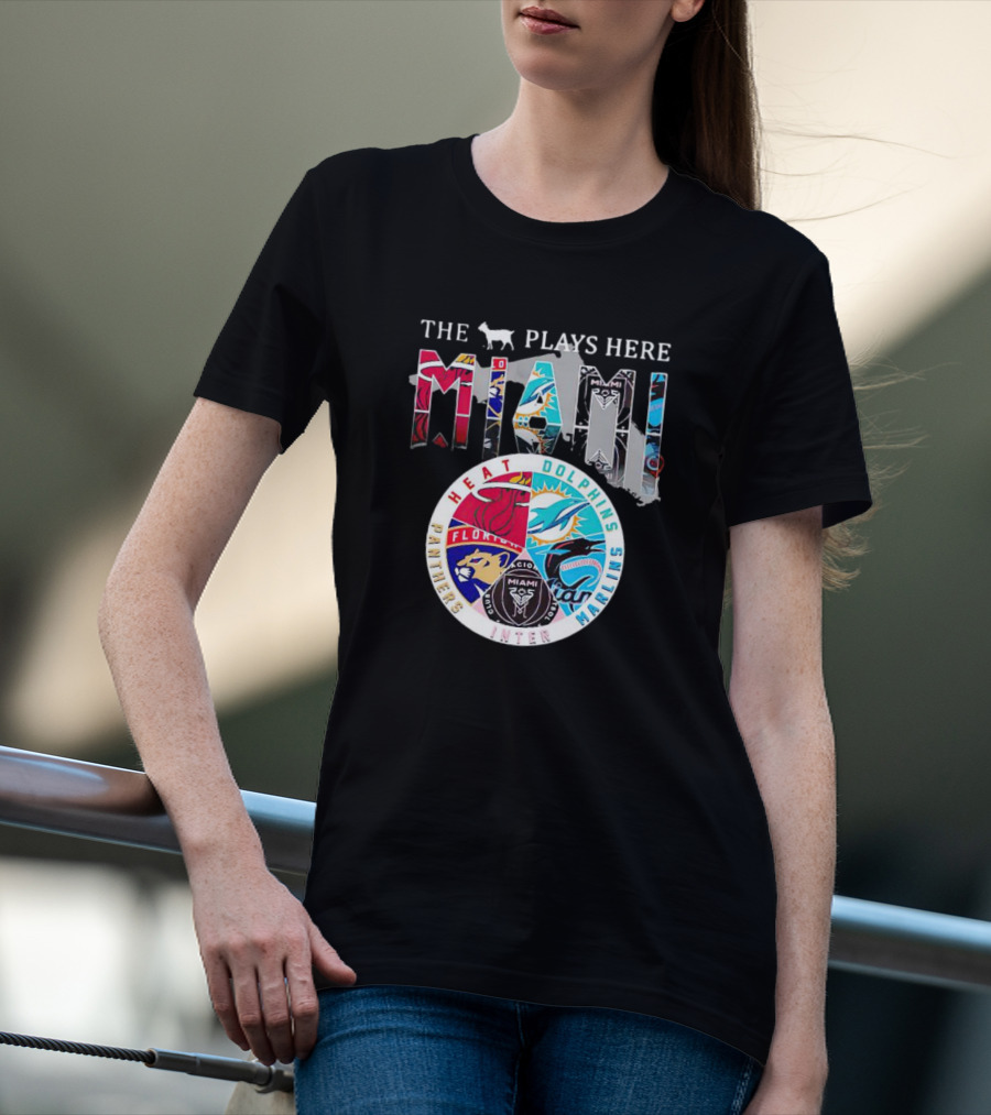Miami Sports Team Logos Panther Heat Dolphins Marlins Inter The Goat Plays Here T-Shirt