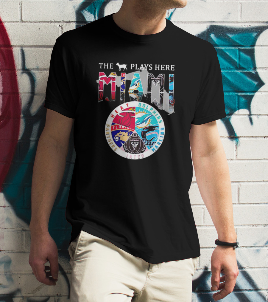 Miami Sports Team Logos Panther Heat Dolphins Marlins Inter The Goat Plays Here T-Shirt
