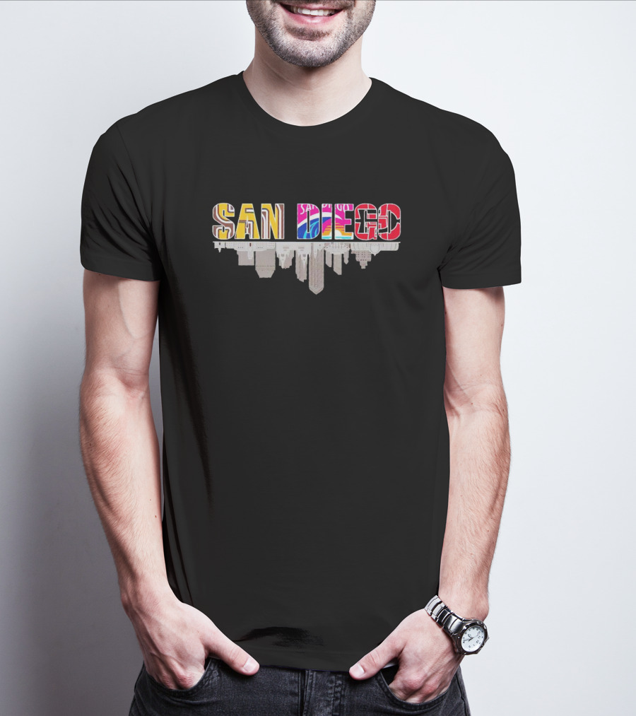 San Diego City Skyline Upside Down Sports Team Colors T-Shirt
