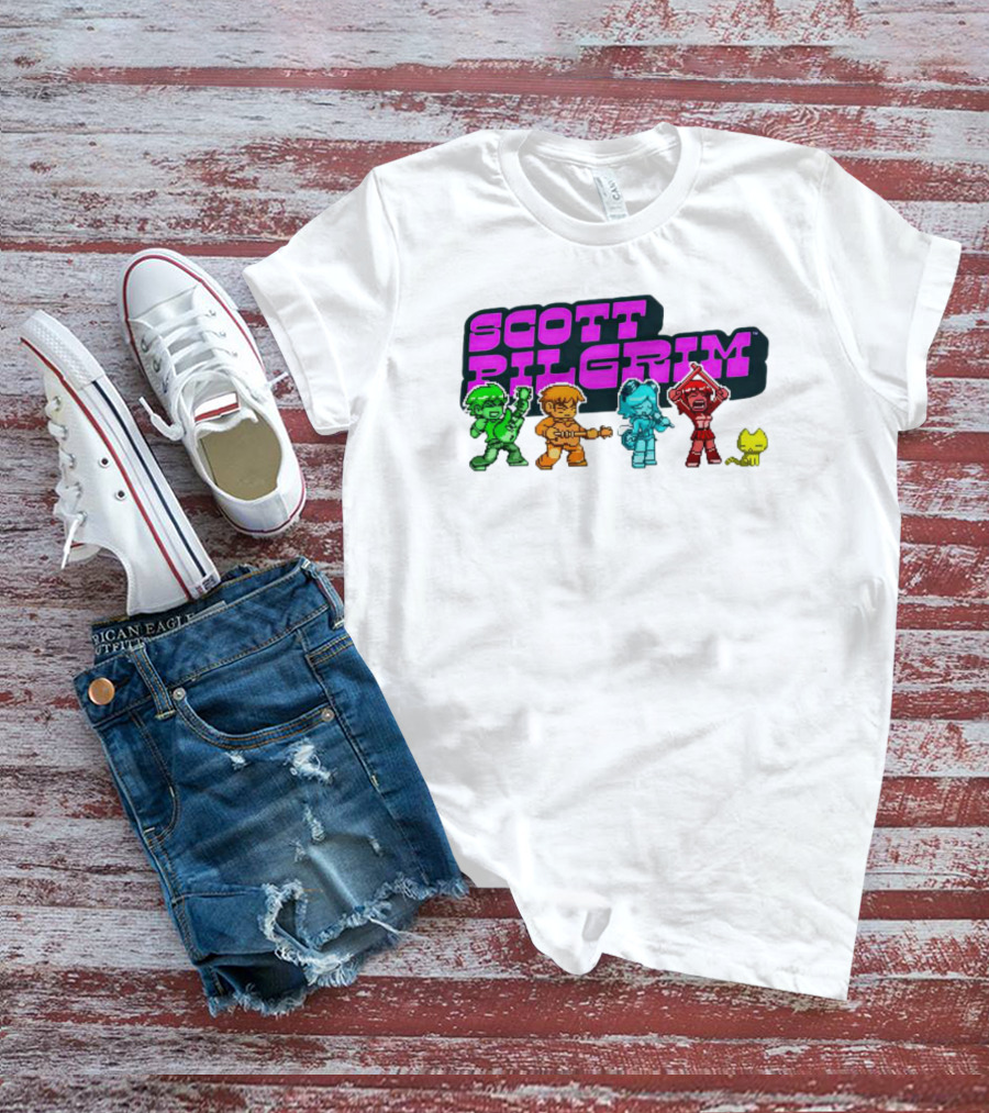 Scott Pilgrim Pixel Characters With Neon Title And Cat T-Shirt