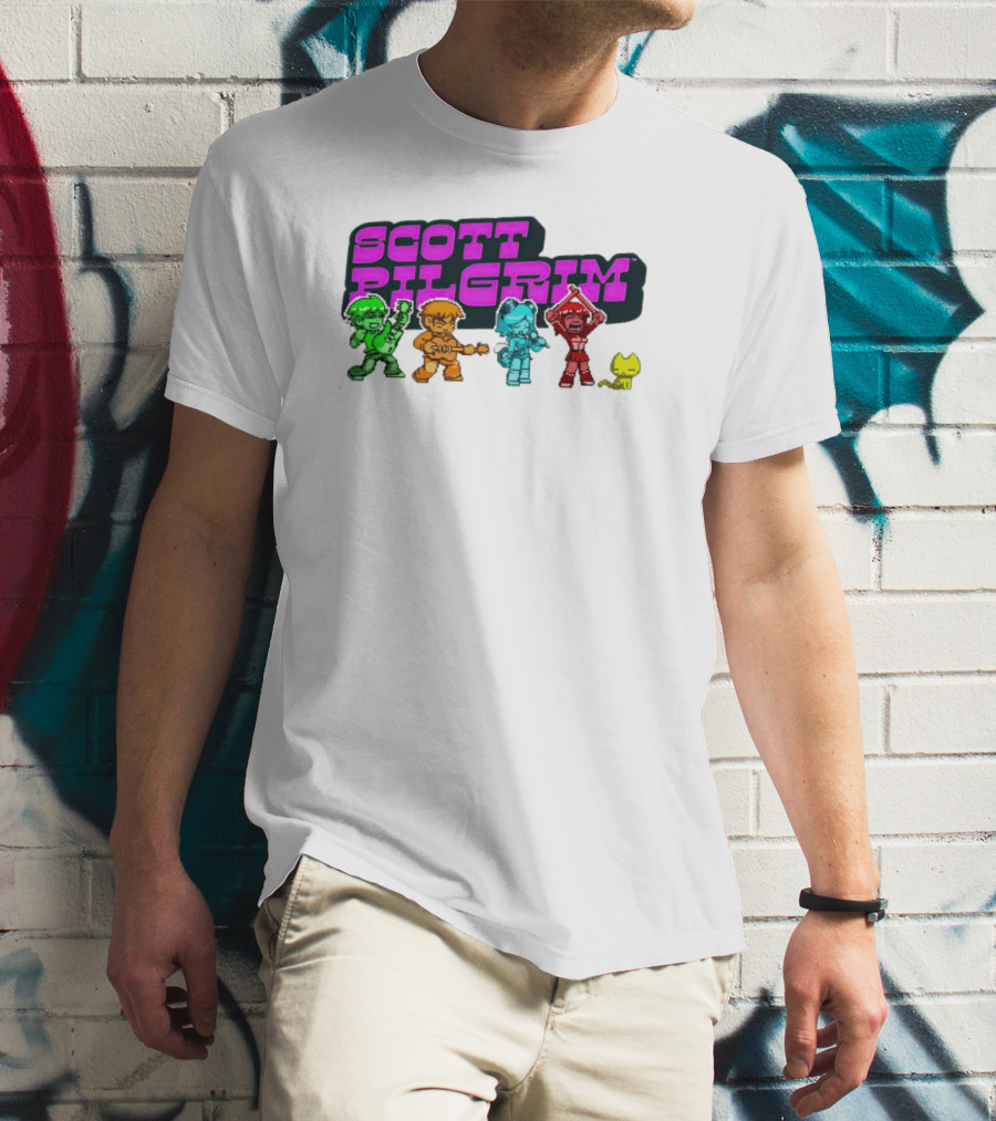 Scott Pilgrim Pixel Characters With Neon Title And Cat T-Shirt
