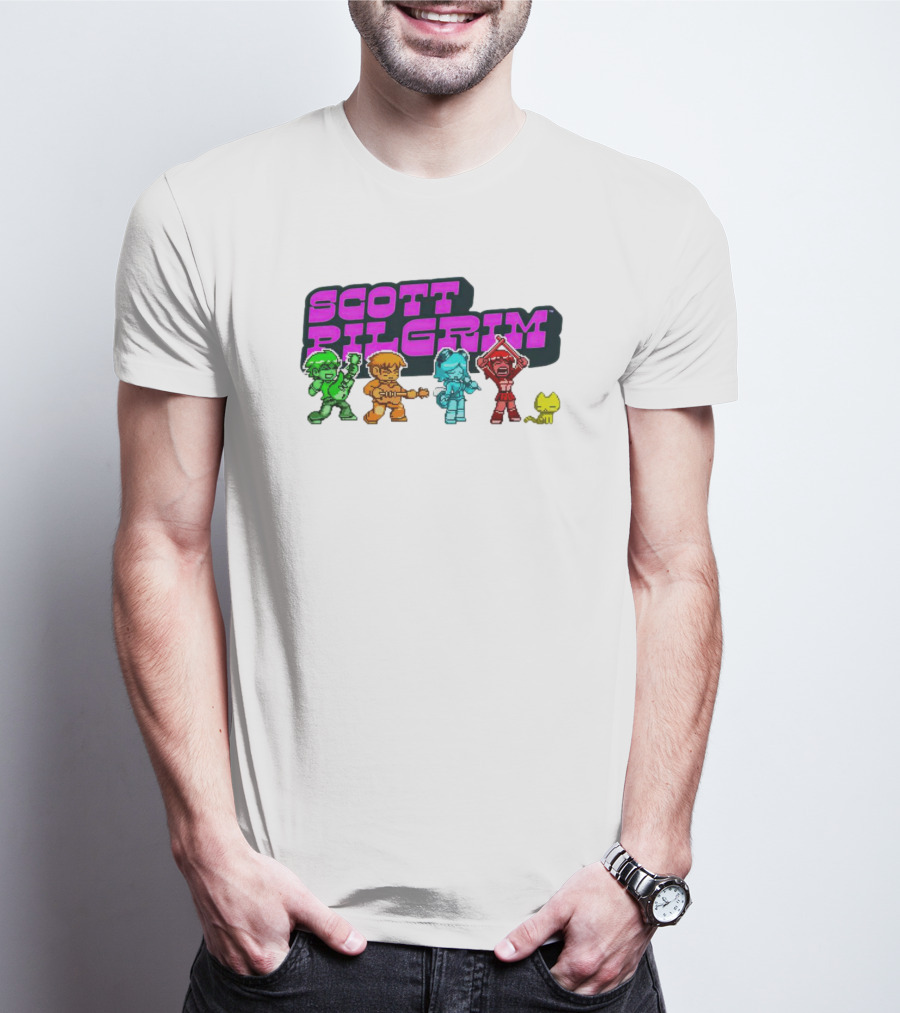 Scott Pilgrim Pixel Characters With Neon Title And Cat T-Shirt