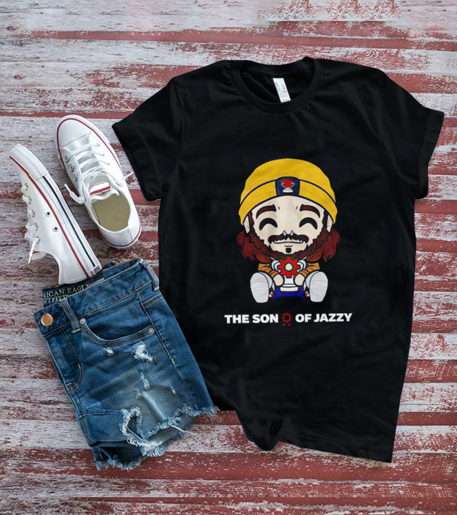 THE SON OF JAZZY Yellow Beanie Character Holding T-Shirt