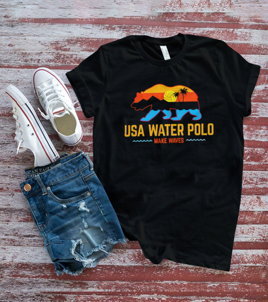 USA Water Polo Bear Make Waves Sunset Palm Trees Volleyball T-Shirt