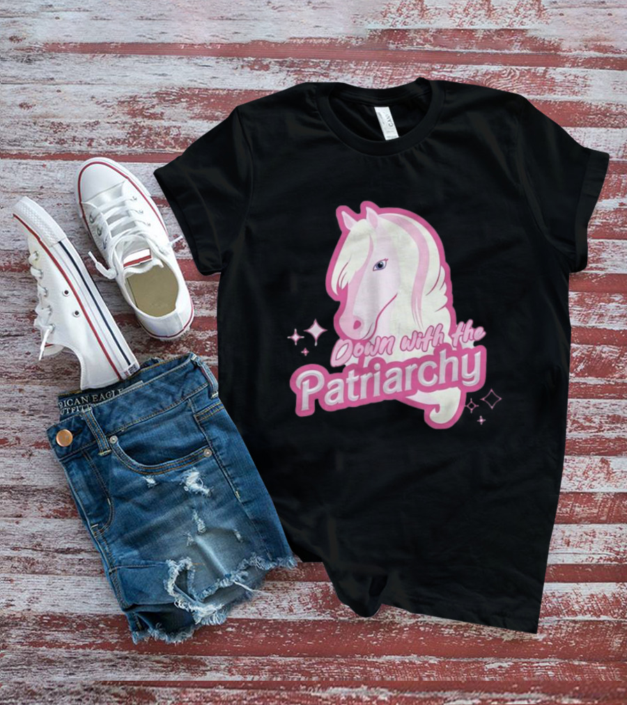 Down With The Patriarchy Pink Horse Illustration With Sparkles T-Shirt