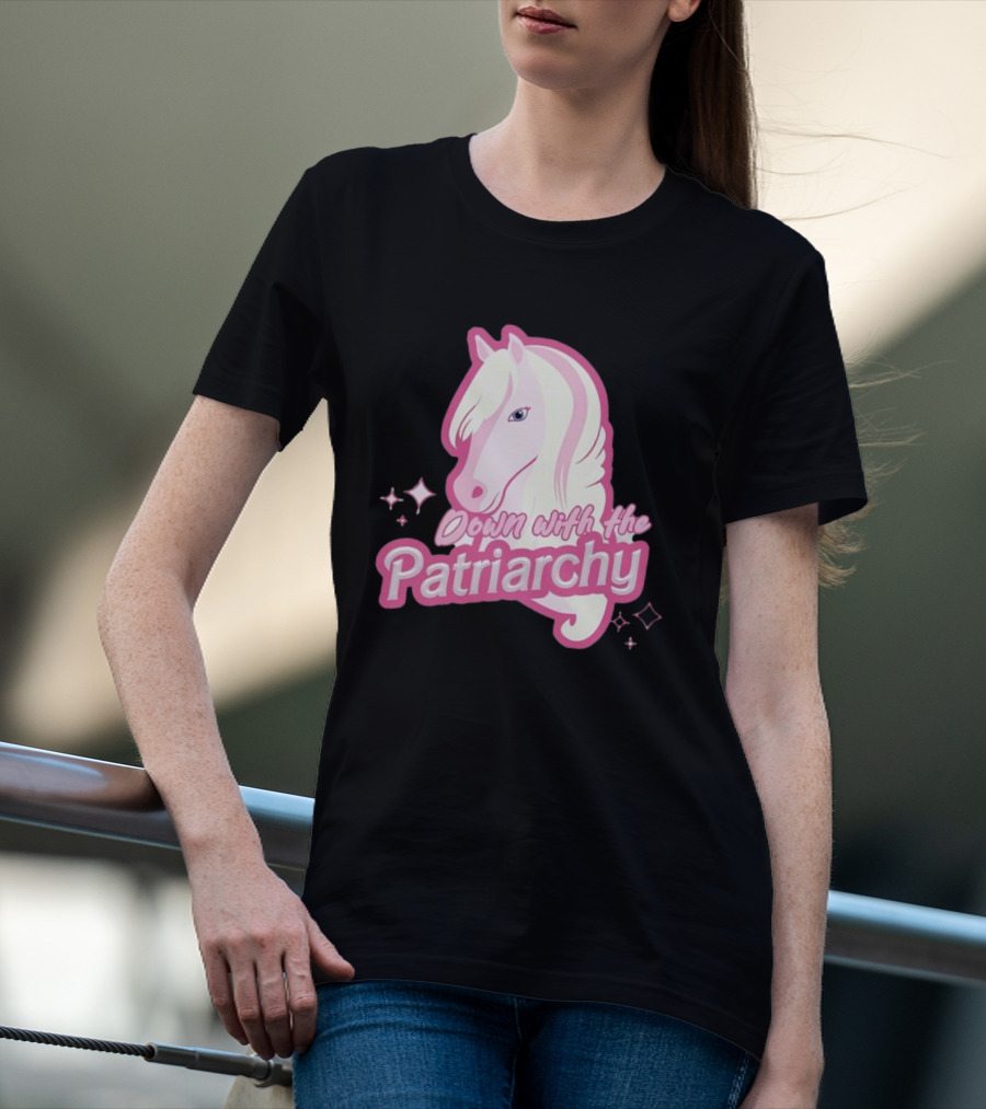 Down With The Patriarchy Pink Horse Illustration With Sparkles T-Shirt