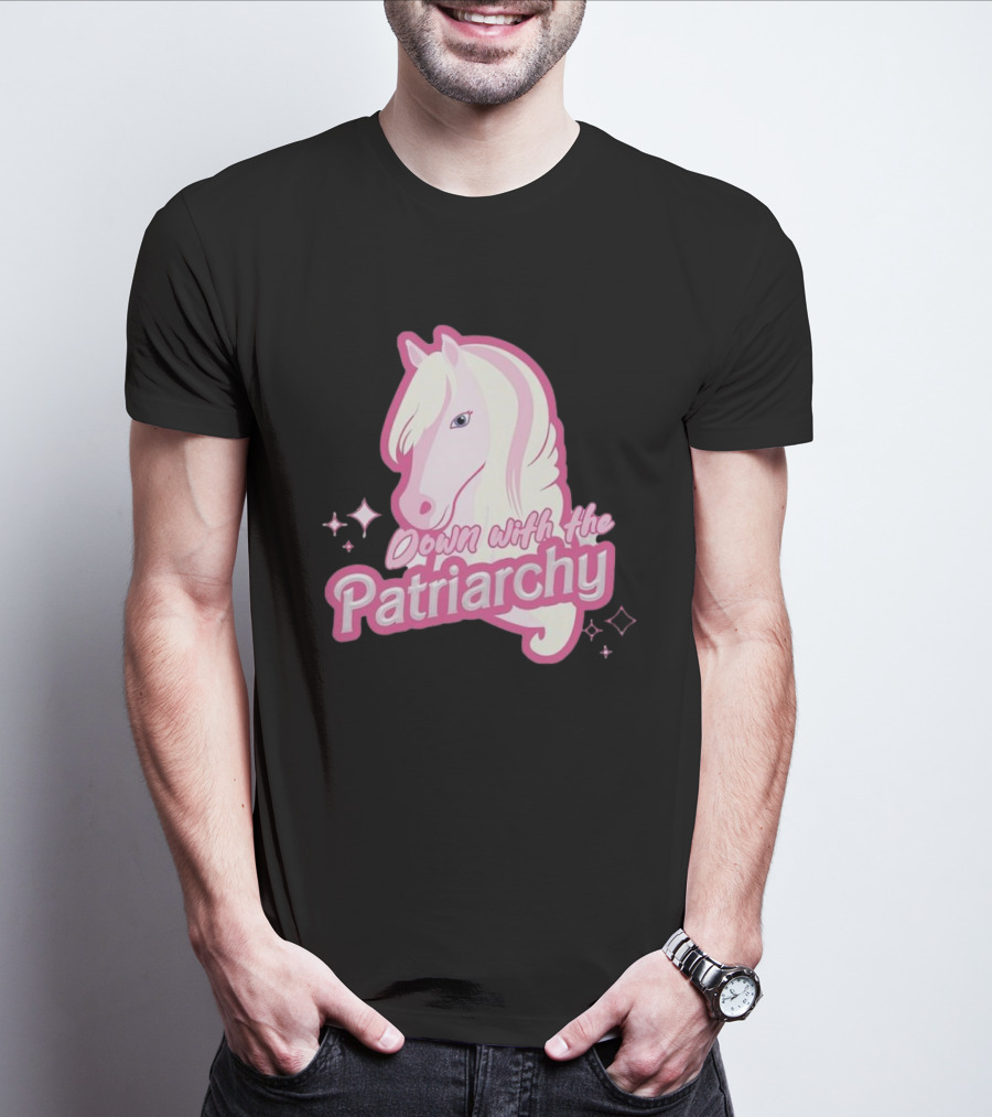 Down With The Patriarchy Pink Horse Illustration With Sparkles T-Shirt