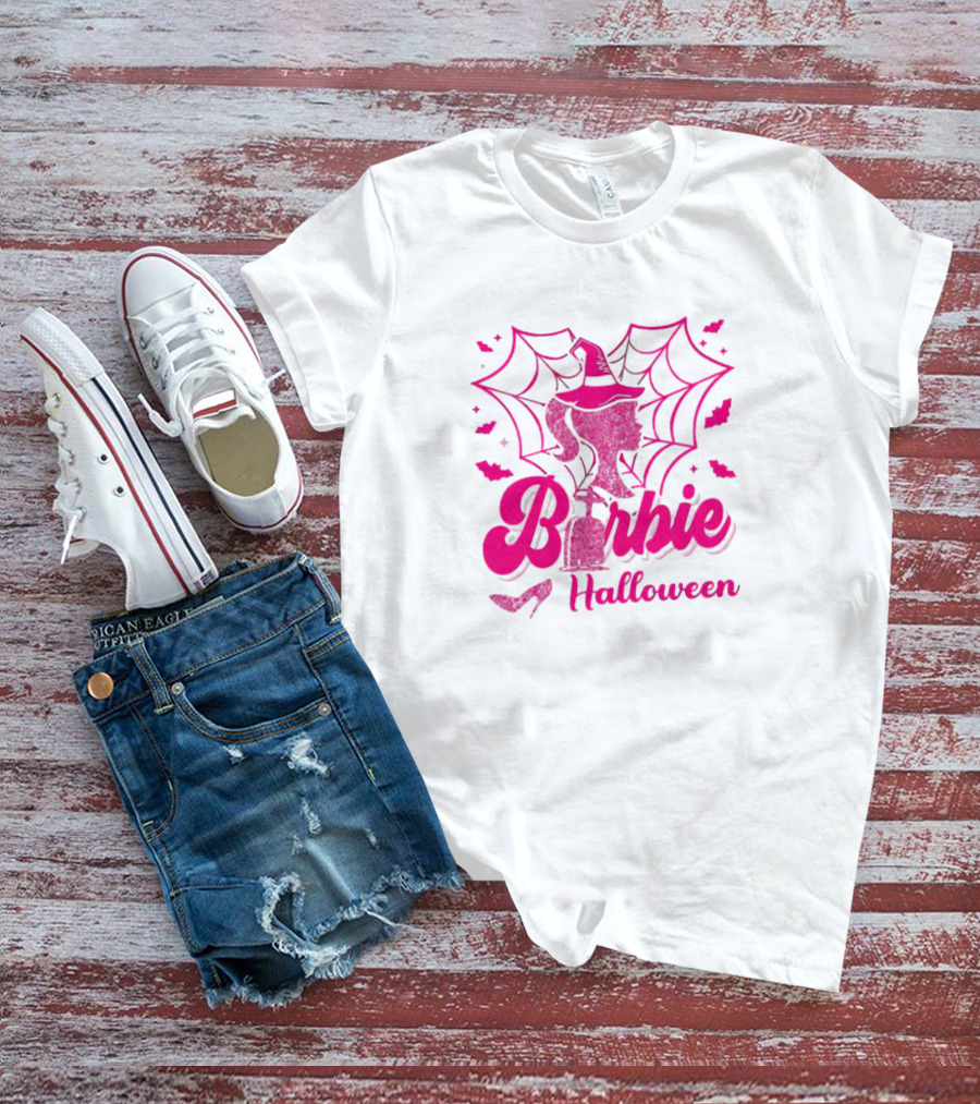 Barbie Halloween Witch Hat Cobweb Silhouette Pink Text Bat Heels T-Shirt