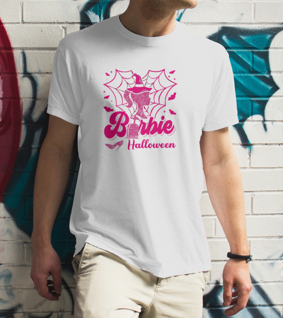 Barbie Halloween Witch Hat Cobweb Silhouette Pink Text Bat Heels T-Shirt