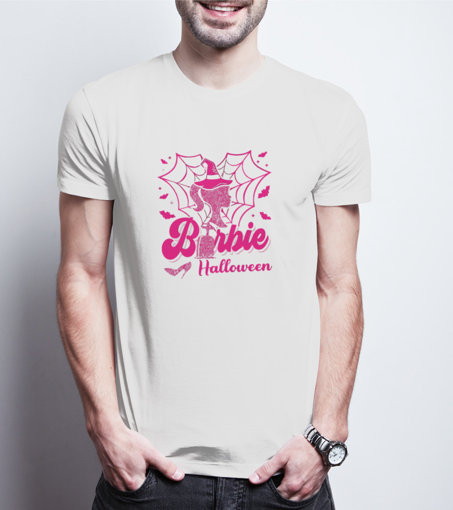 Barbie Halloween Witch Hat Cobweb Silhouette Pink Text Bat Heels T-Shirt