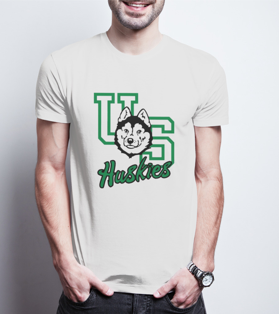U Of S Huskies Logo With Husky Face Overlapping Bold Green Letters T-Shirt