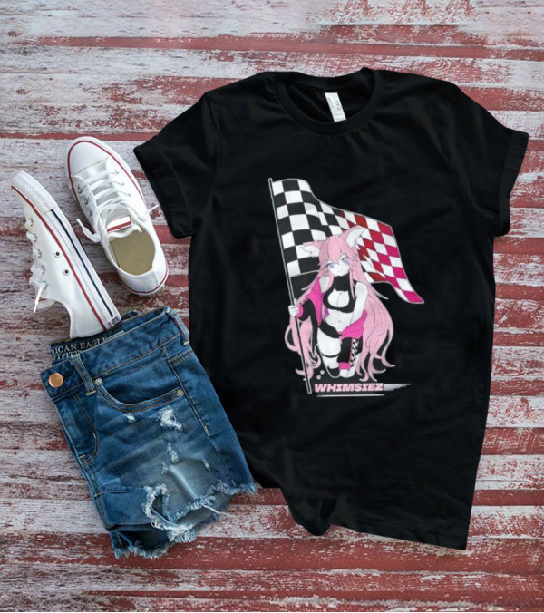 Whimsiez Checkered Flag Pink-Haired Girl Racing T-Shirt