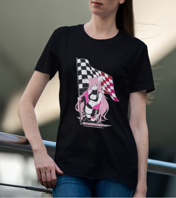 Whimsiez Checkered Flag Pink-Haired Girl Racing T-Shirt