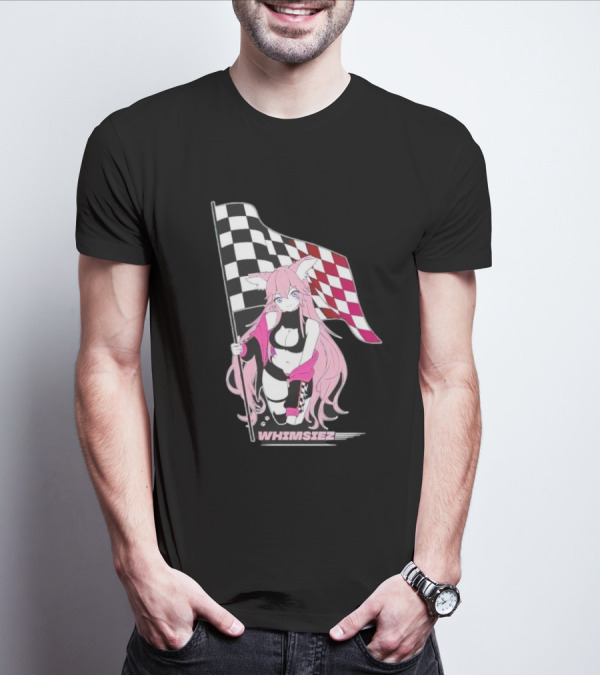 Whimsiez Checkered Flag Pink-Haired Girl Racing T-Shirt