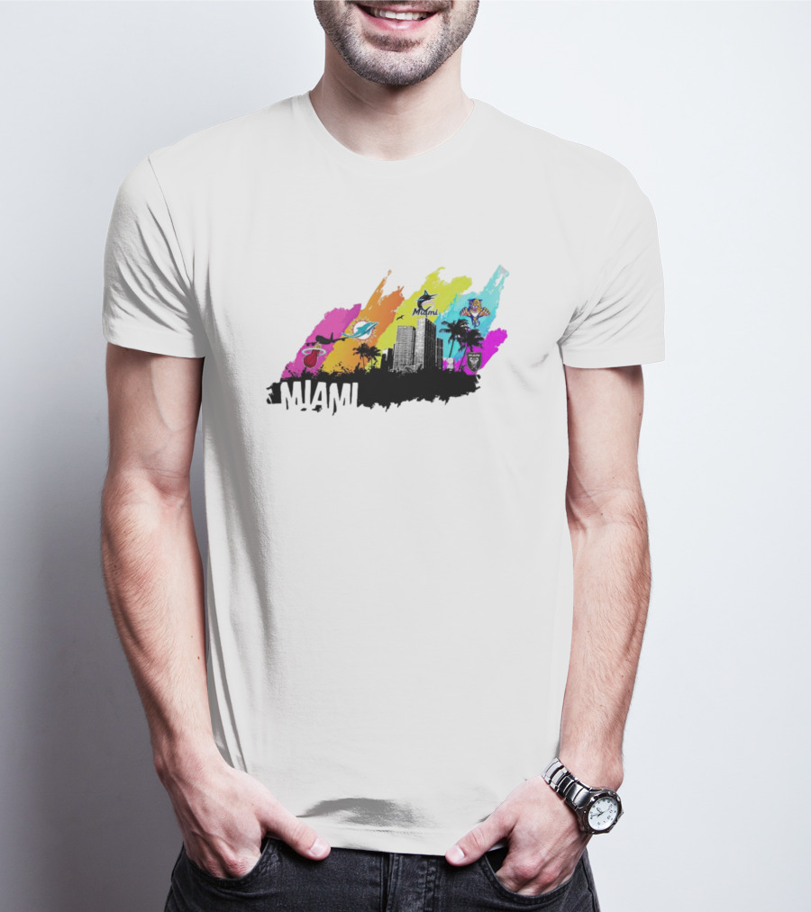Miami City Skyline With Sports Team Logos And Vibrant Colors T-Shirt