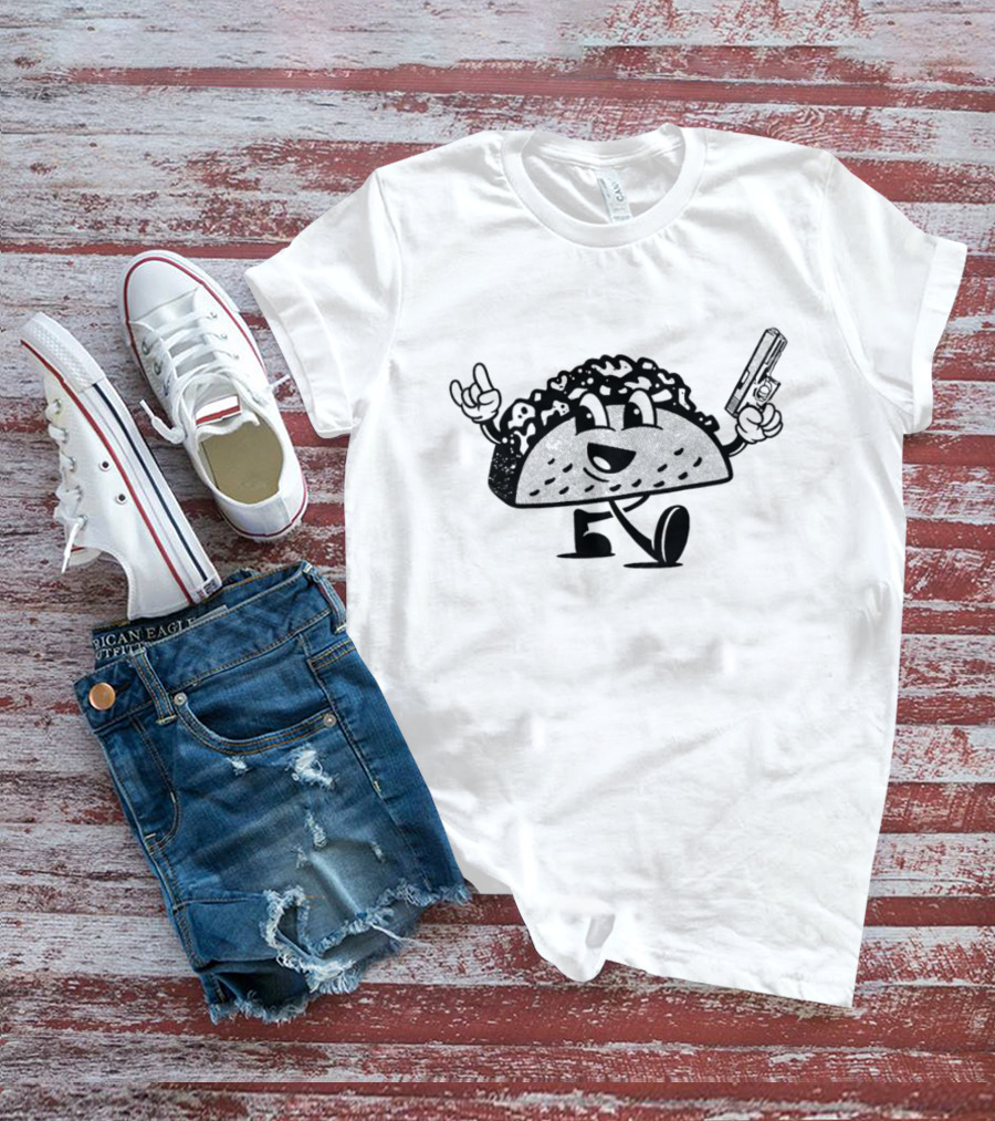 Rock And Roll Taco Mascot With Gun T-Shirt