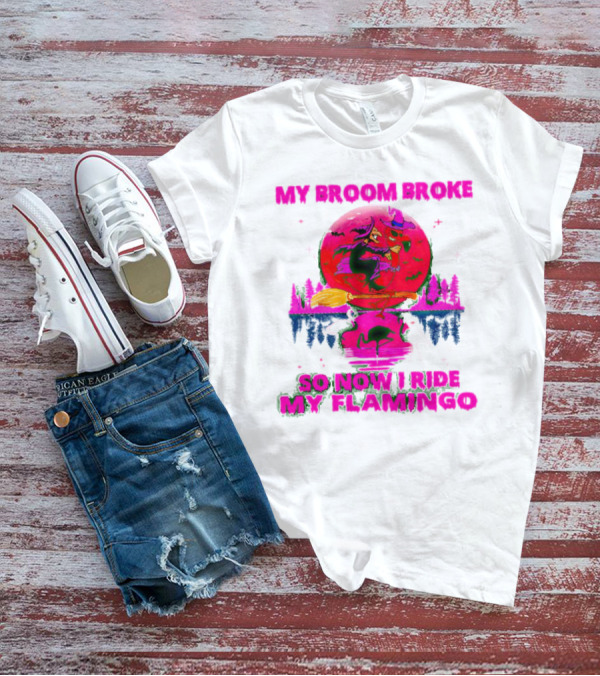 My Broom Broke So Now I Ride My Flamingo Neon Witch And Flamingo Moon Scene T-Shirt