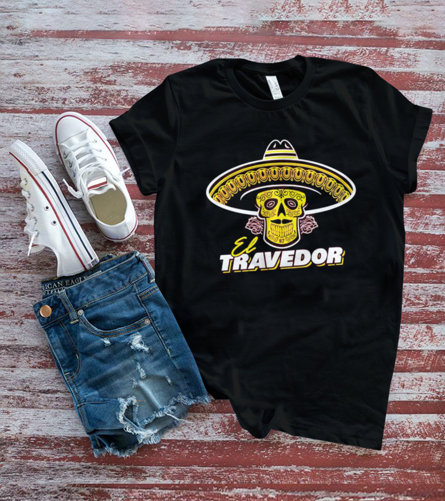 El Travedor Mexican Sugar Skull Sombrero Yellow Pink Roses T-Shirt