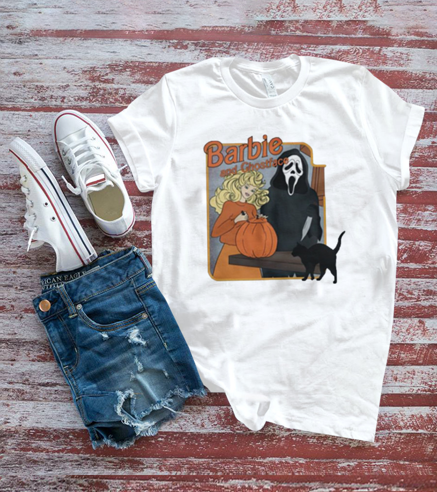 Barbie And Ghostface Halloween Pumpkin Carving Scene With Black Cat T-Shirt