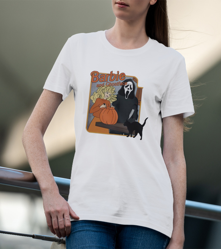 Barbie And Ghostface Halloween Pumpkin Carving Scene With Black Cat T-Shirt
