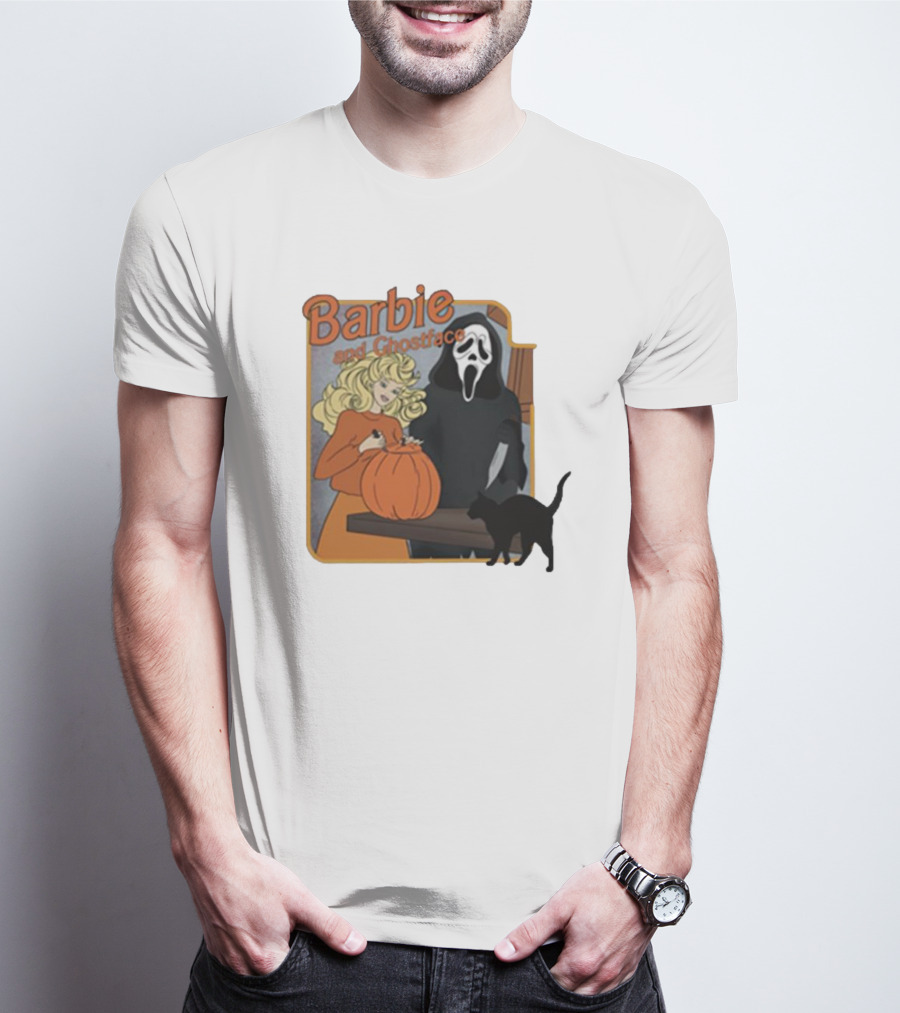 Barbie And Ghostface Halloween Pumpkin Carving Scene With Black Cat T-Shirt