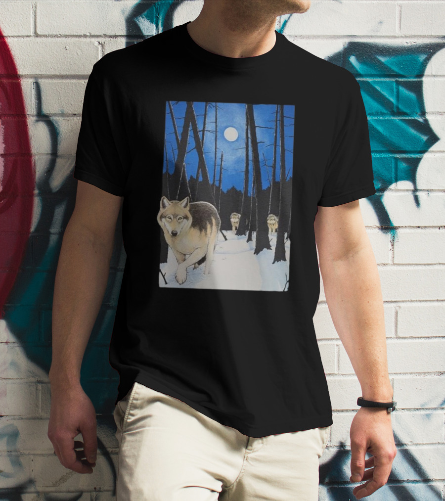 Snow 1995 Wild Earth Wolf Vintage Full Moon Forest Scene T-Shirt