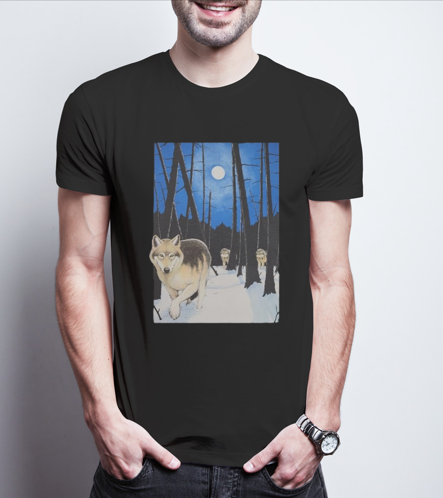 Snow 1995 Wild Earth Wolf Vintage Full Moon Forest Scene T-Shirt