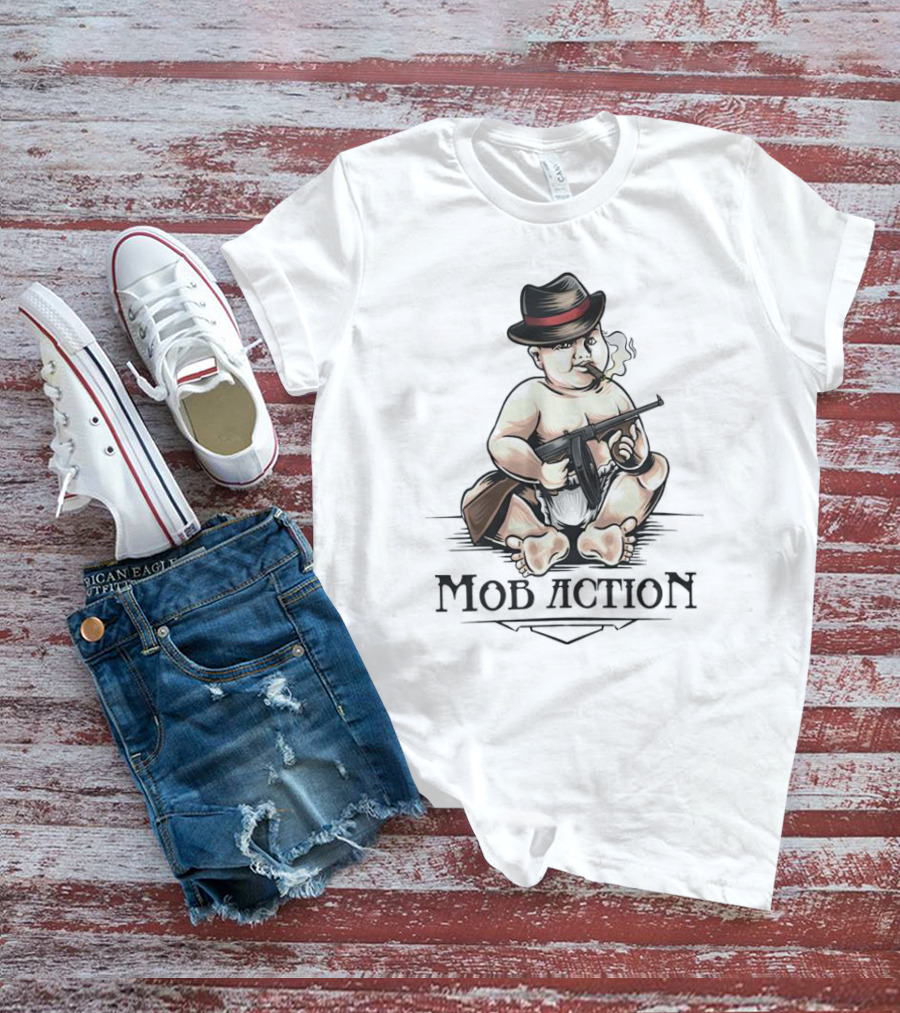 Baby Capone Mob Action Smoking Baby With Machine Gun T-Shirt
