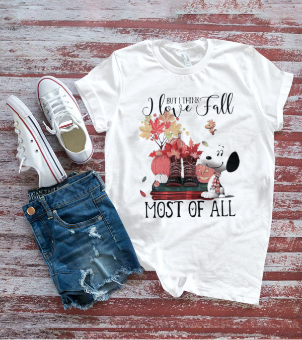 I Love Fall Most Of All Snoopy Dog With Boots Pumpkins And Leaves T-Shirt