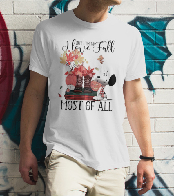 I Love Fall Most Of All Snoopy Dog With Boots Pumpkins And Leaves T-Shirt