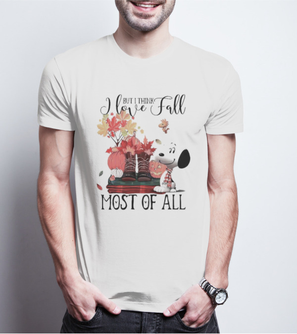 I Love Fall Most Of All Snoopy Dog With Boots Pumpkins And Leaves T-Shirt