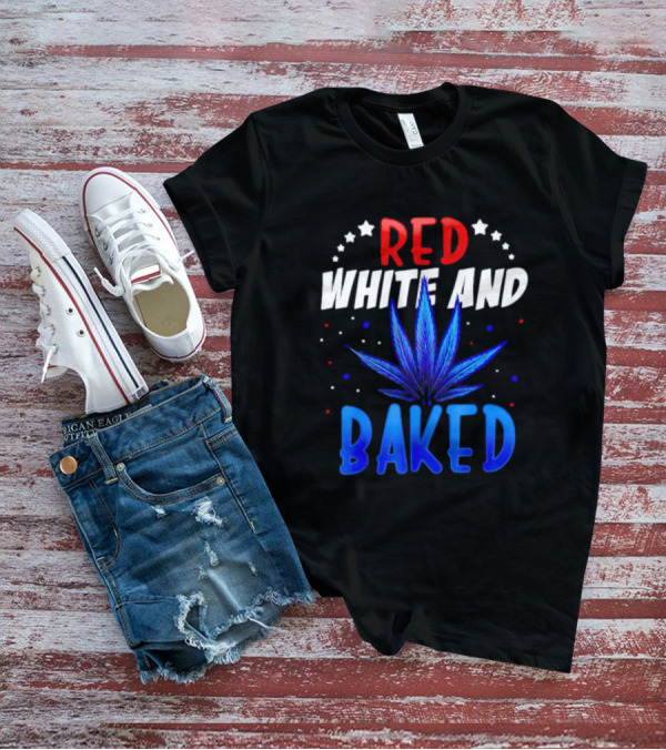 Red White And Baked Weed Leaf With Stars And Dots T-Shirt